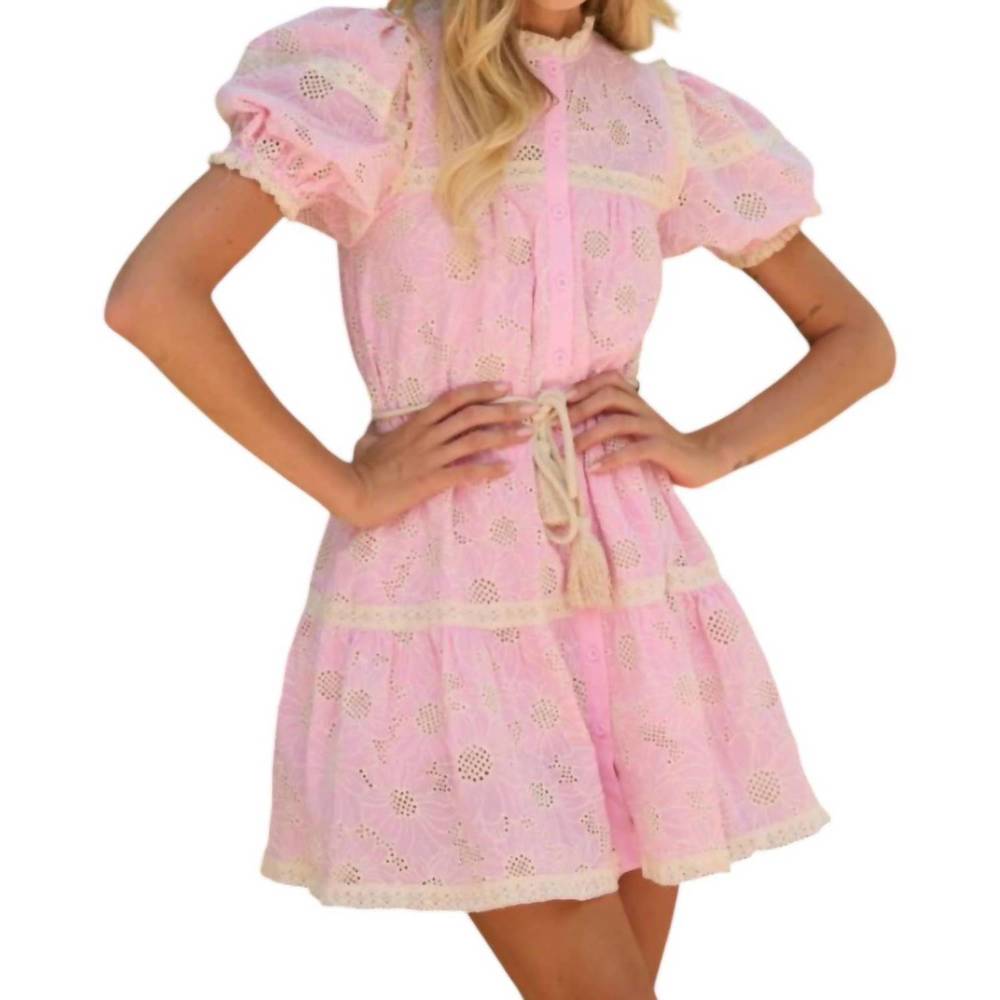 Stellah Pink Eyelet Mini Dress with Cream Trim